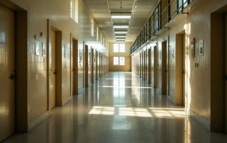 Couloir de prison vide illustrant les conditions matérielles de détention et la dignité des détenus.