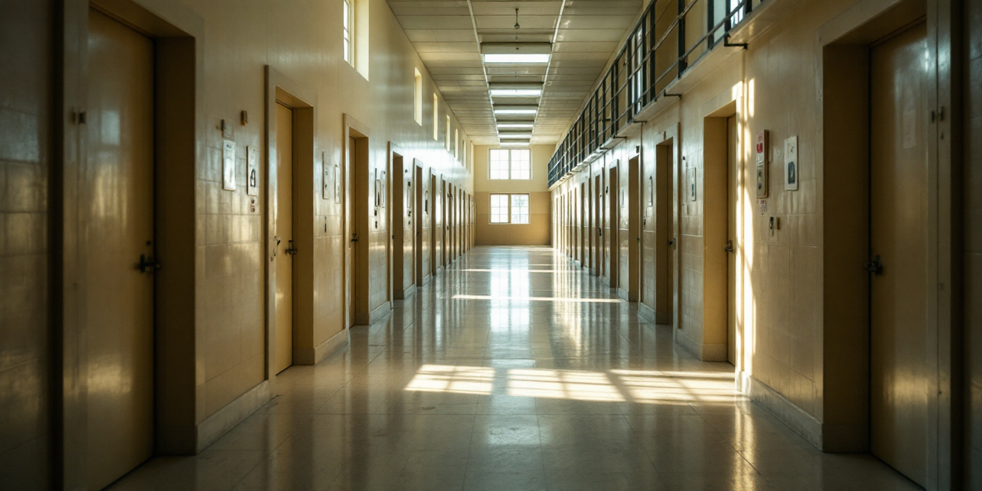 Couloir de prison vide illustrant les conditions matérielles de détention et la dignité des détenus.